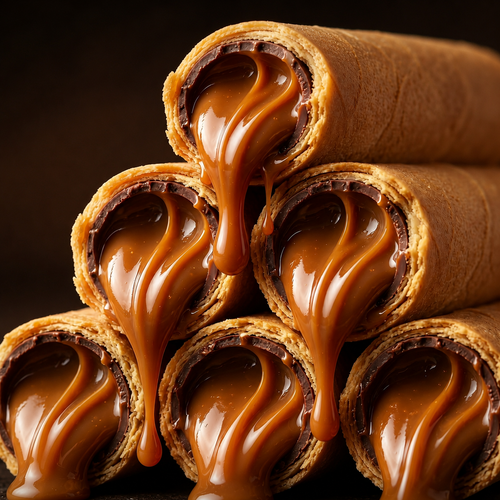 Minibarquillos rellenos con manjar y chocolate