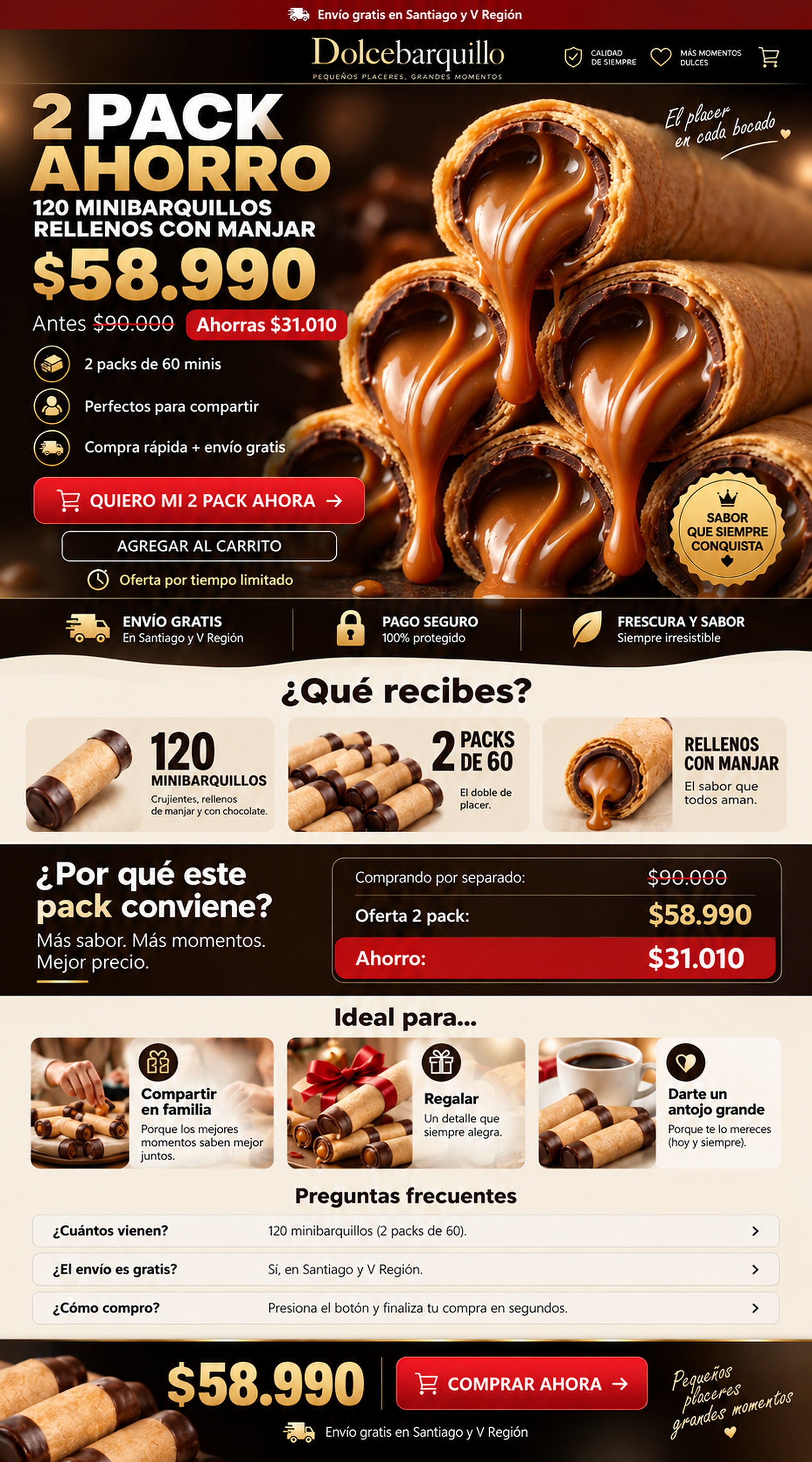 2 Pack Ahorro de 120 minibarquillos rellenos con manjar por $58.990, envío gratis en Santiago y V Región